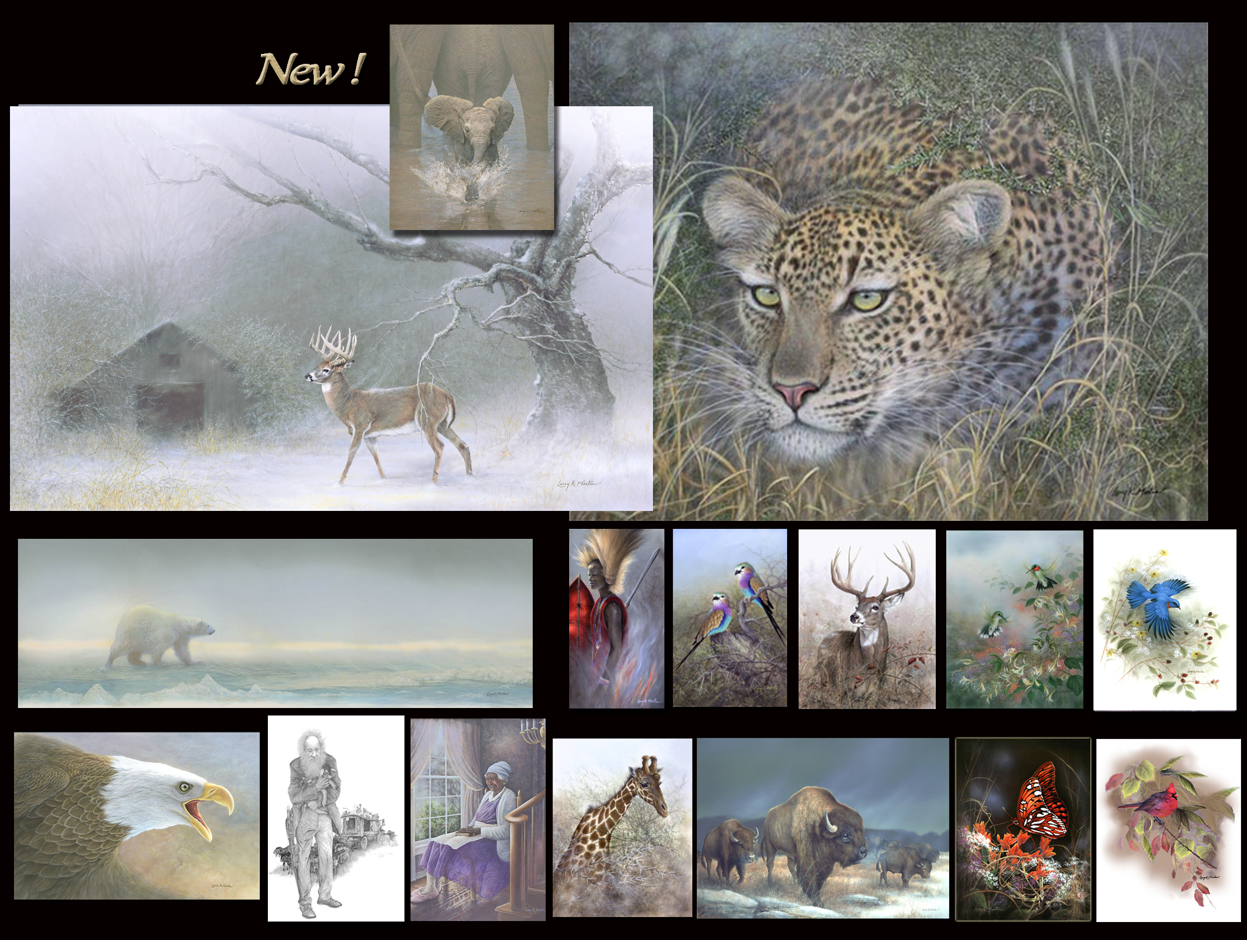 Larry K. Martin, wildlife artist of Soft Acrylic Technique, published by Wren's Nest Inc, eagles, deer, bison, songbirds,butterflies, african animals, goatman